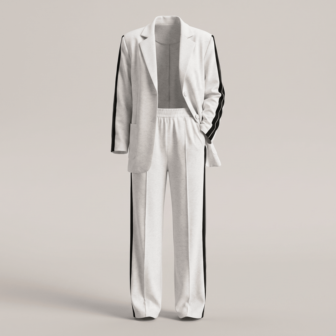 White casual office suit with blazer and wide-leg trousers, notch lapel, button front.