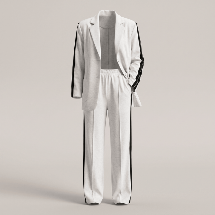 White casual office suit with blazer and wide-leg trousers, notch lapel, button front.