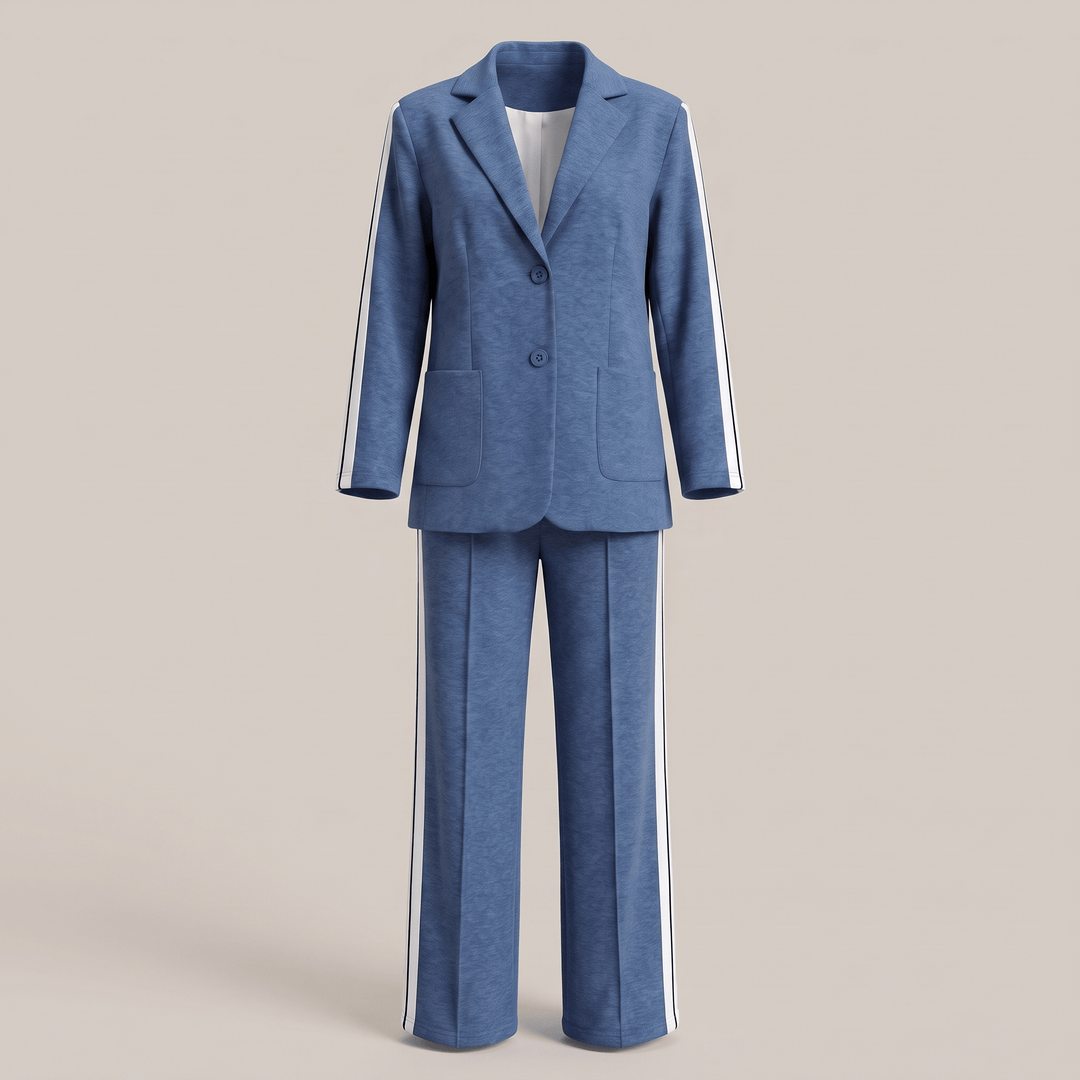 Blue casual office suit set with blazer and wide-leg trousers, notch lapel, button front.