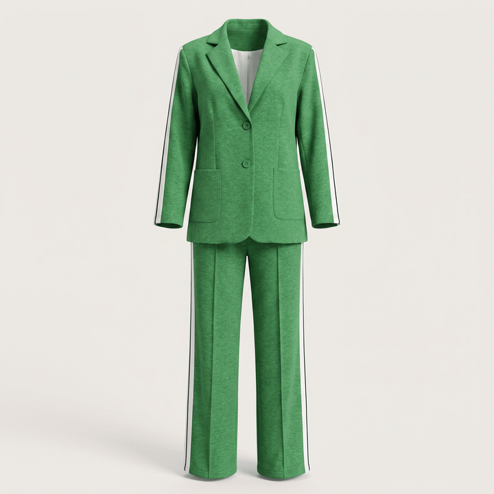 Green casual office suit with blazer and wide-leg trousers, notch lapel, button front.