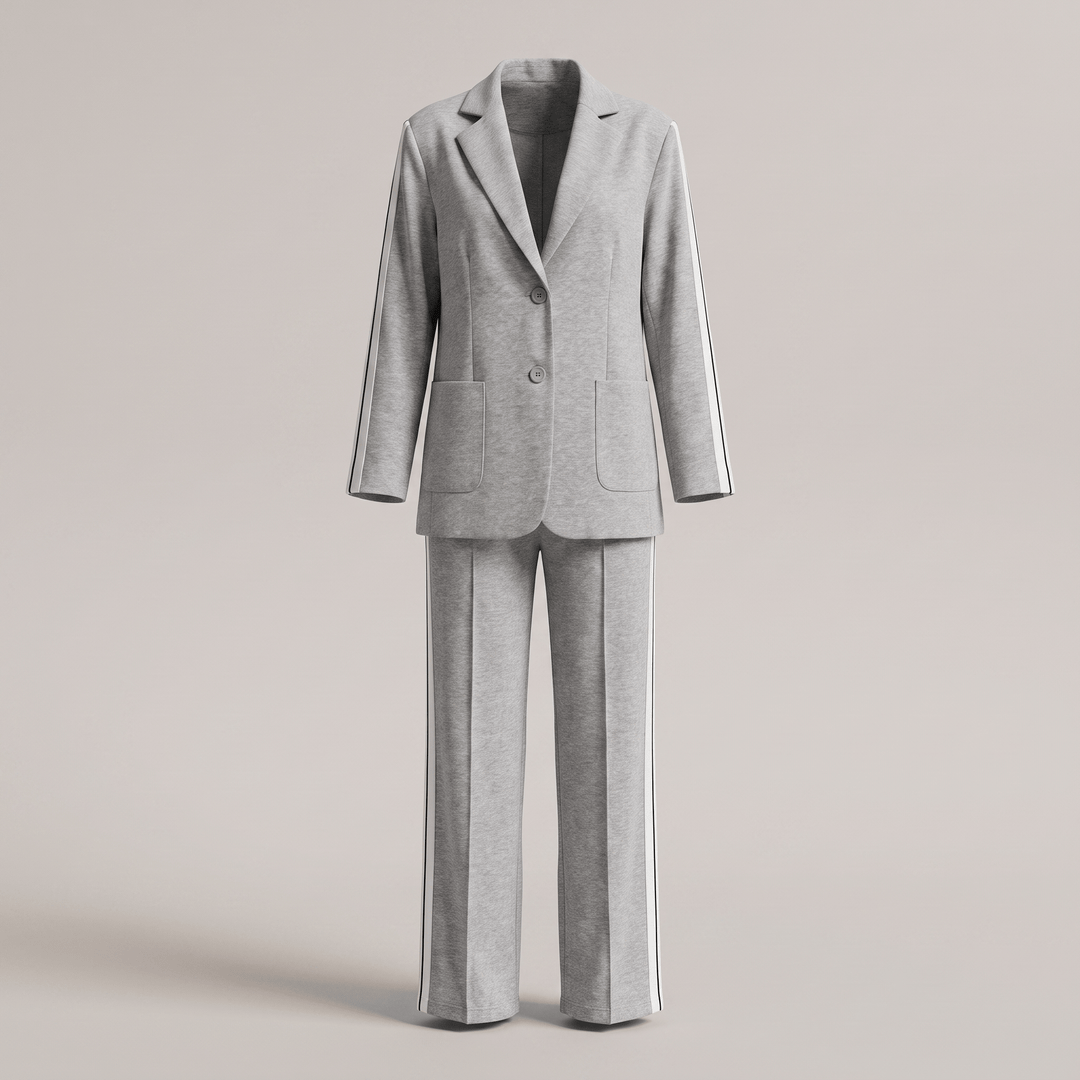 Gray casual office suit with blazer and wide-leg trousers, notch lapel, button front.