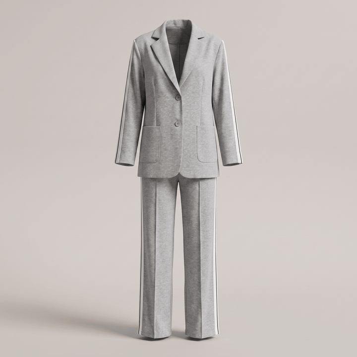 Gray casual office suit with blazer and wide-leg trousers, notch lapel, button front.