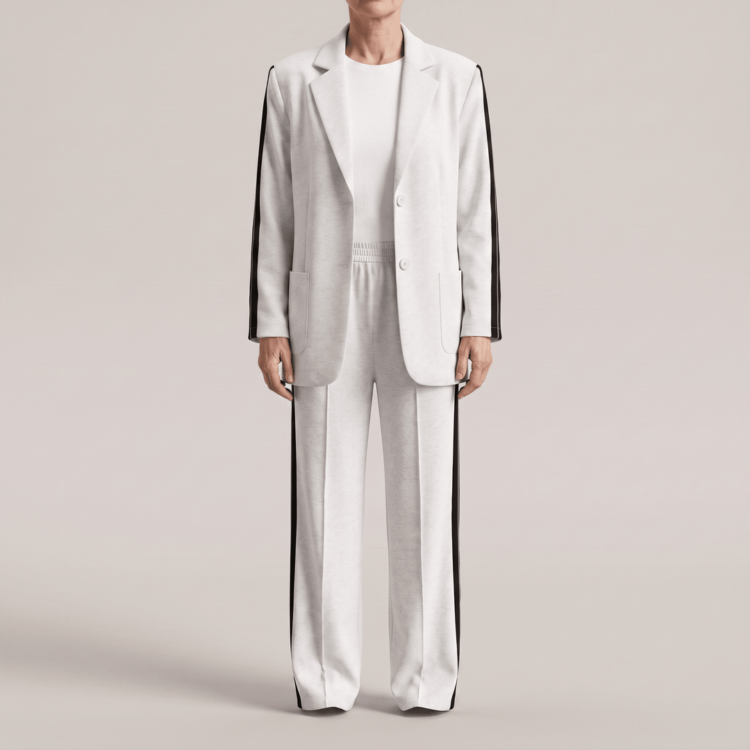 Light gray casual office suit with blazer and wide-leg trousers, notch lapel, button front.