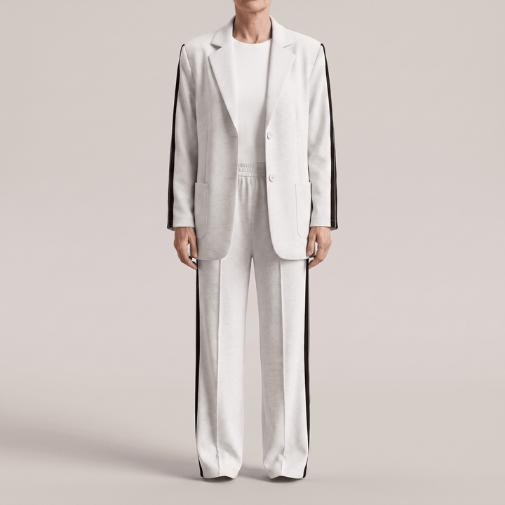 Light gray casual office suit with blazer and wide-leg trousers, notch lapel, button front.