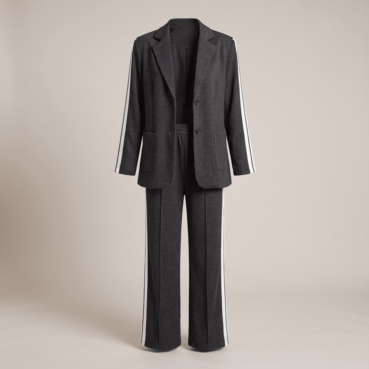 Charcoal casual office suit with blazer and wide-leg trousers, notch lapel, button front.