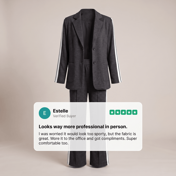 Dark gray office suit set with black blazer, front pockets and side stripe trousers