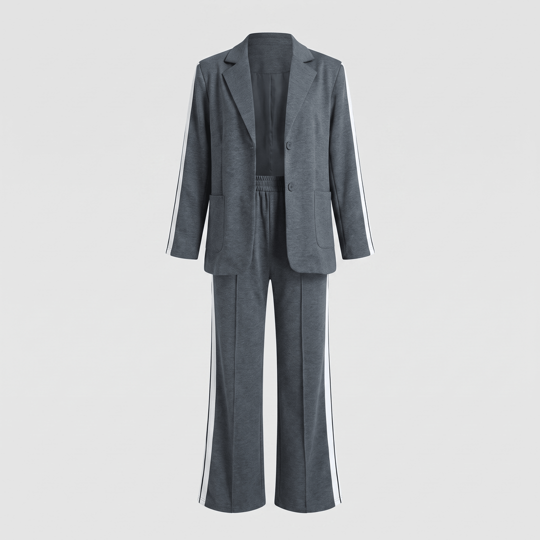 Dark gray casual office suit with blazer and wide-leg trousers, notch lapel, button front.