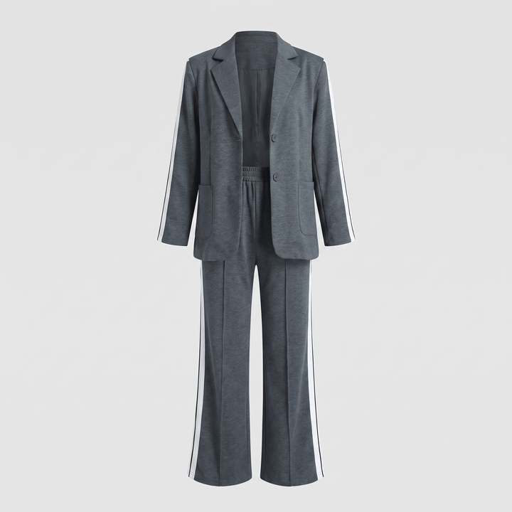 Dark gray casual office suit with blazer and wide-leg trousers, notch lapel, button front.