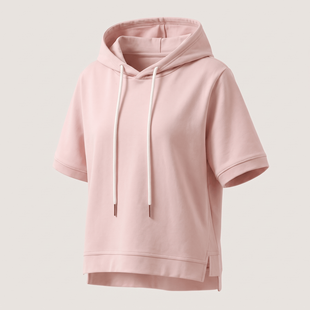 Alison short-sleeve hoodie in pink, adjustable drawstring hood and kangaroo pocket