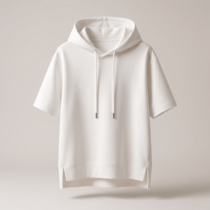 Alison short-sleeve hoodie in white, short sleeves, drawstring hood, kangaroo pocket