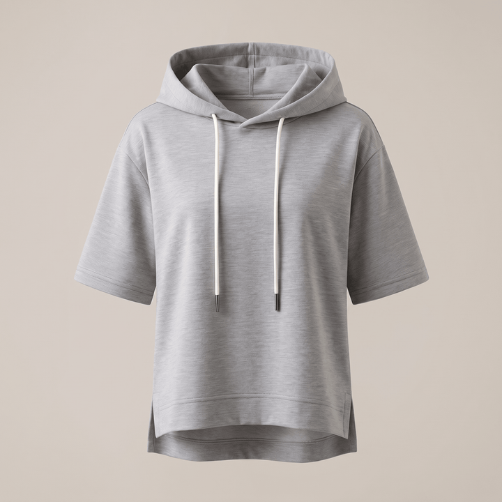 Alison short-sleeve hoodie in grey with drawstring hood and kangaroo pocket