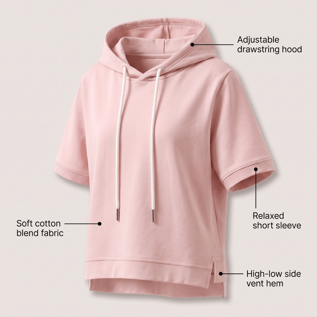 Alison short-sleeve hoodie in pink, relaxed short sleeves, high-low vent hem