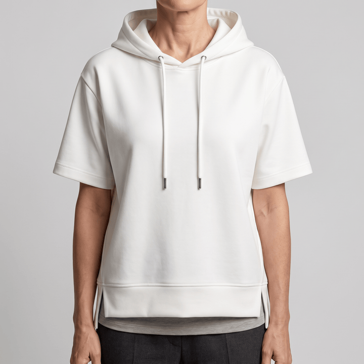 Alison short-sleeve hoodie in white, drawstring hood and kangaroo pocket