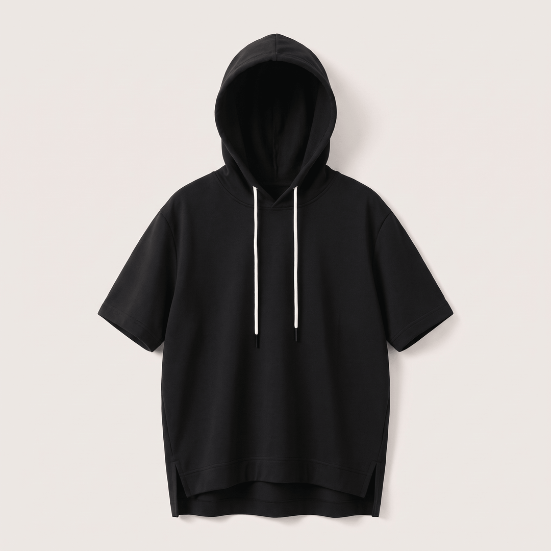 Alison short-sleeve hoodie in black with drawstring hood and kangaroo pocket