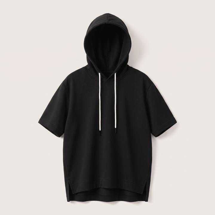 Alison short-sleeve hoodie in black with drawstring hood and kangaroo pocket