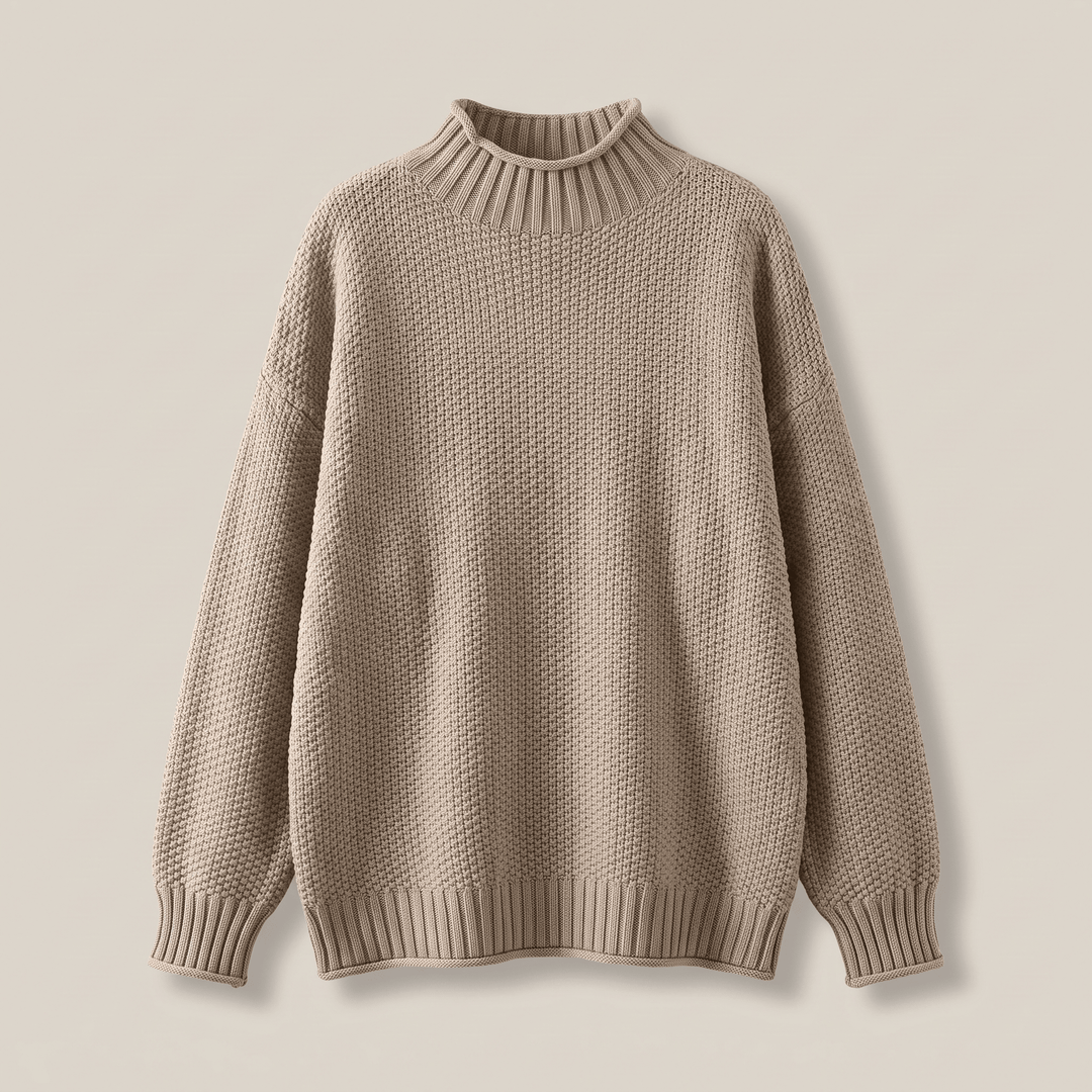 Beige cashmere mock-neck sweater with ribbed cuffs and hem