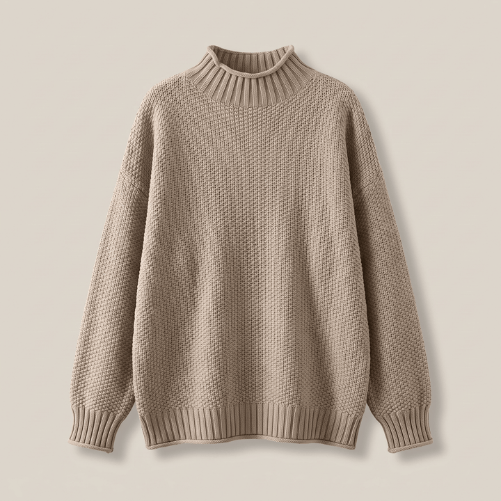 Beige cashmere mock-neck sweater with ribbed cuffs and hem