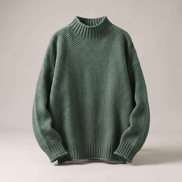 Green cashmere mock-neck sweater with ribbed cuffs and hem