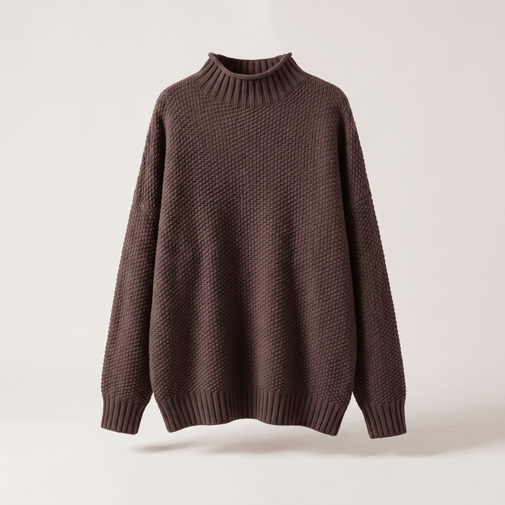 Brown cashmere mock-neck sweater with ribbed cuffs and hem