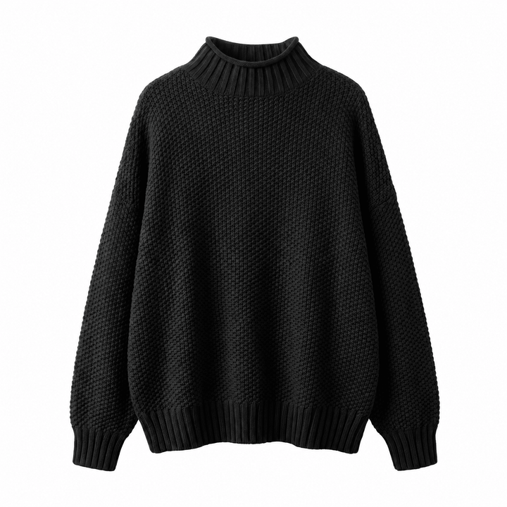 Black cashmere mock-neck sweater with ribbed cuffs and hem