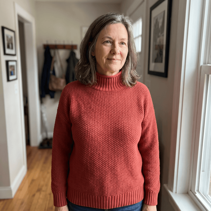 Red cashmere mock-neck sweater with ribbed cuffs and hem on model
