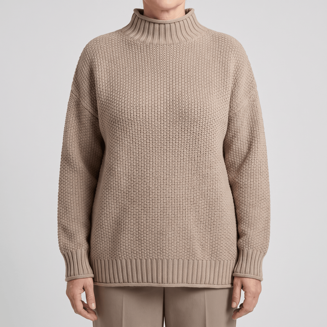 Khaki cashmere mock-neck sweater with ribbed cuffs and hem