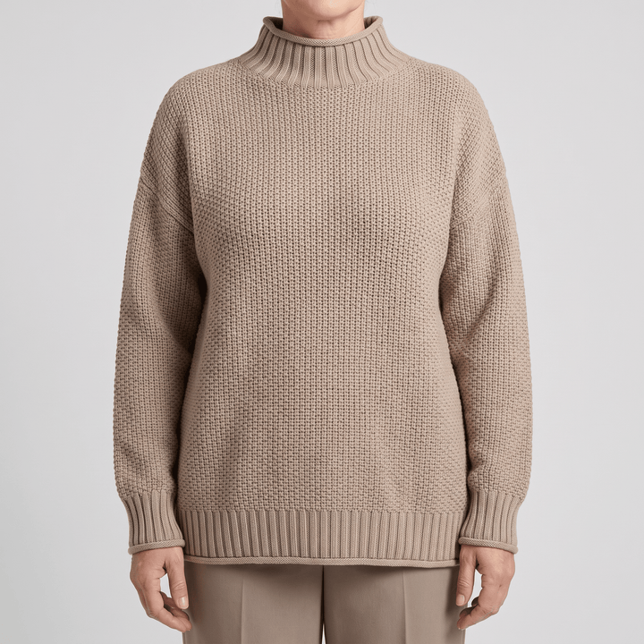 Khaki cashmere mock-neck sweater with ribbed cuffs and hem