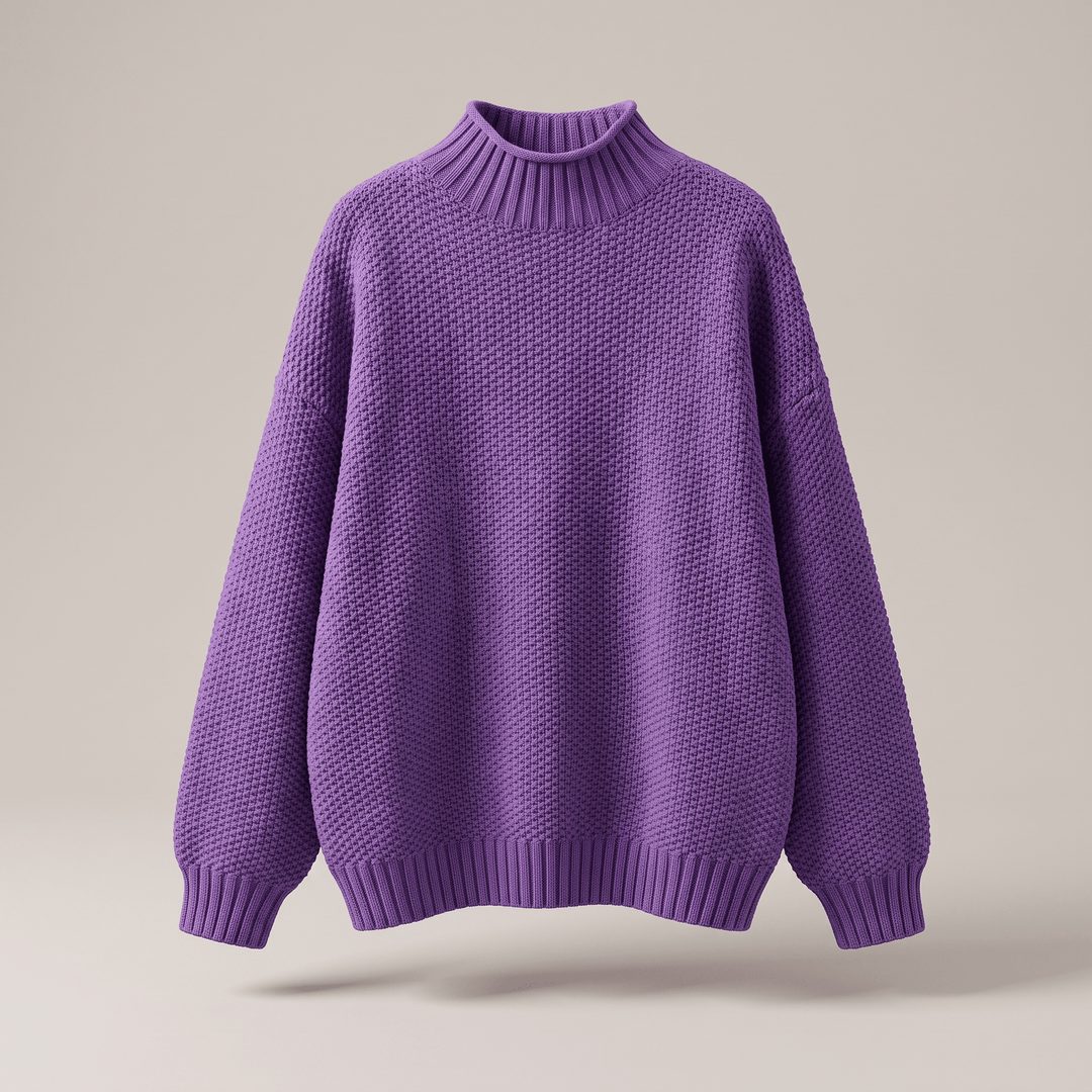 Purple cashmere mock-neck sweater with ribbed cuffs and hem