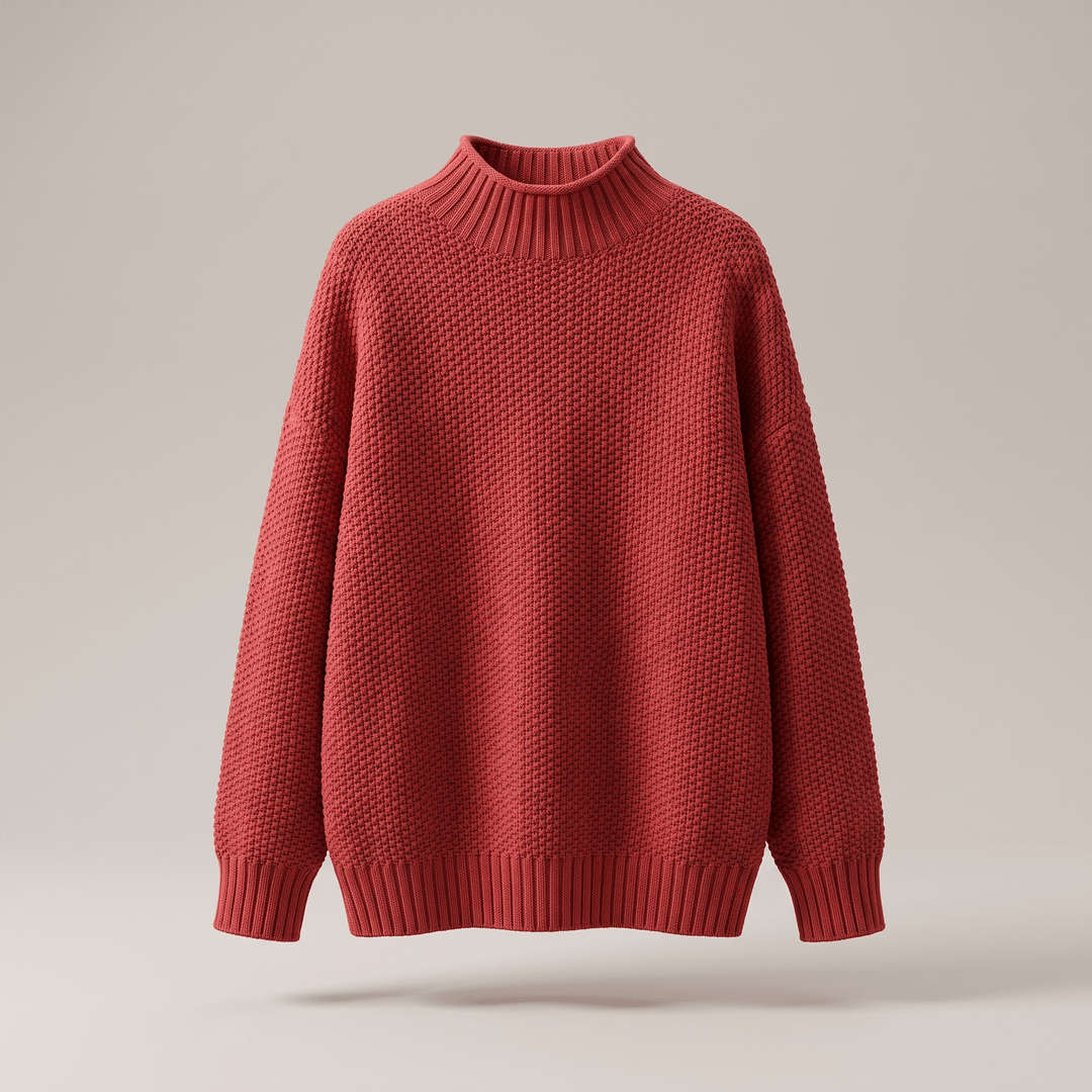 Red cashmere mock-neck sweater with ribbed cuffs and hem