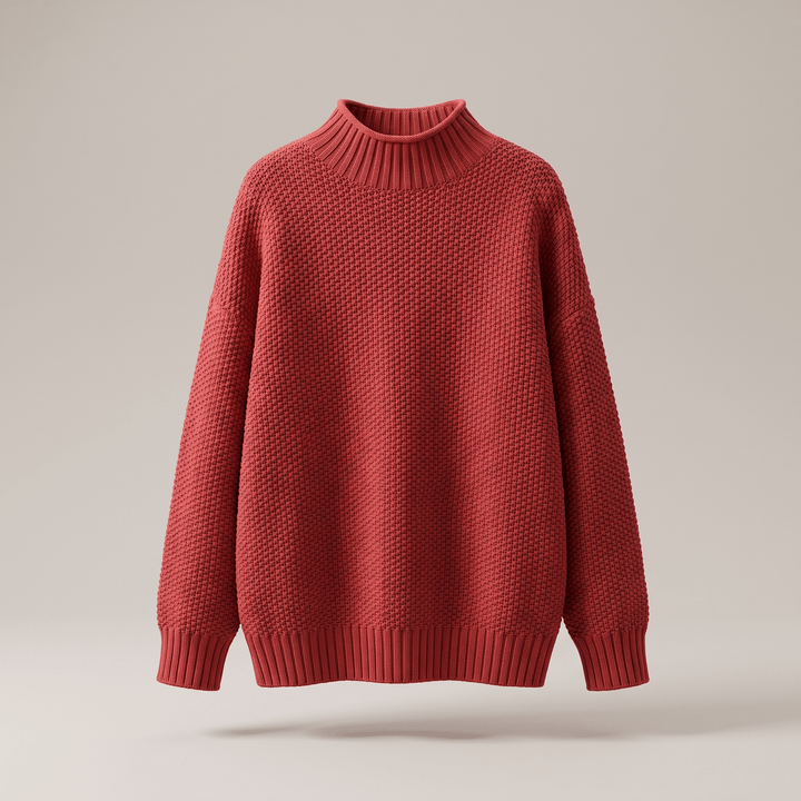 Red cashmere mock-neck sweater with ribbed cuffs and hem