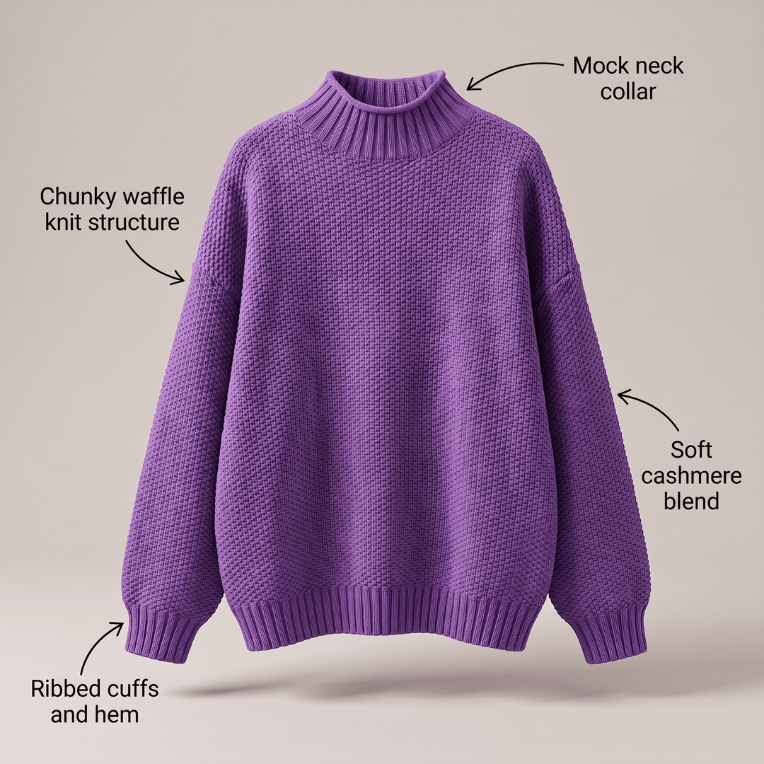 Purple cashmere waffle-knit mock-neck sweater with ribbed cuffs and hem