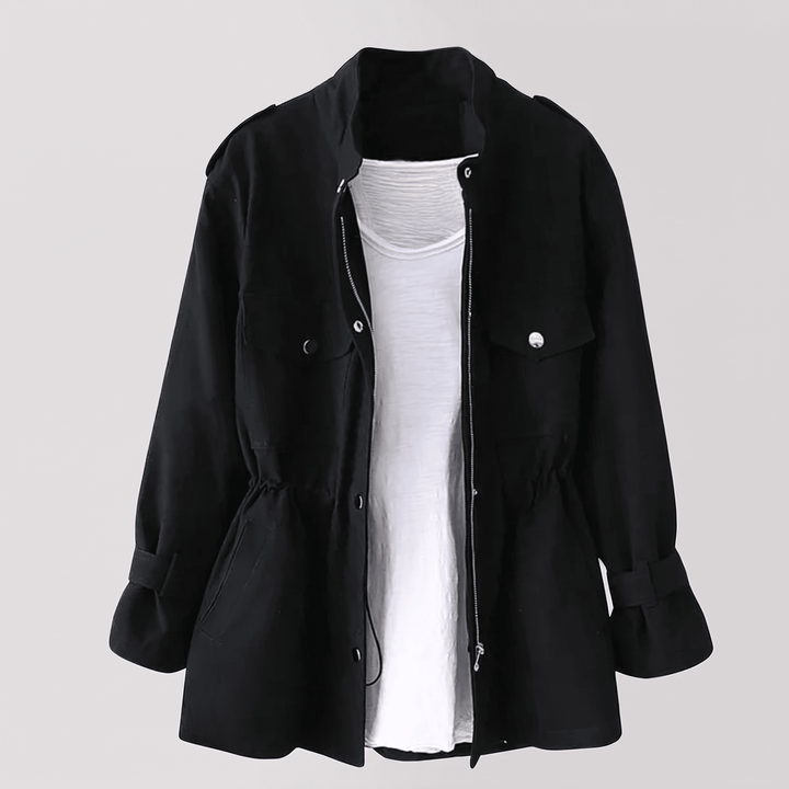 Black overcoat with stand collar, button front, and side utility pockets