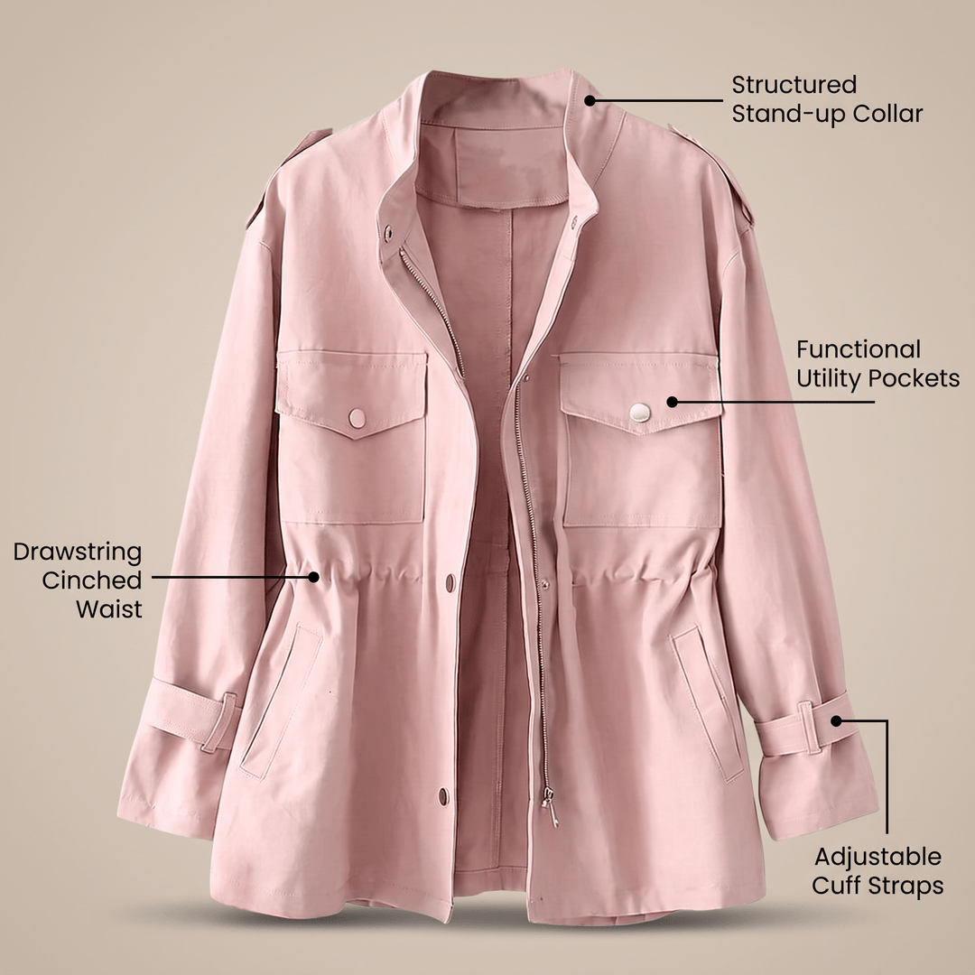 Pink overcoat with stand collar, adjustable cuff straps, and functional utility pockets