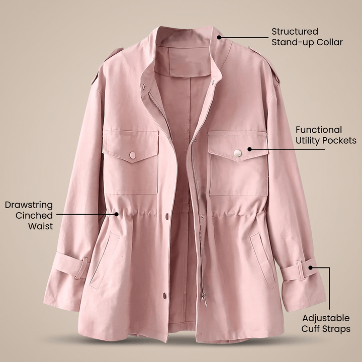 Pink overcoat with stand collar, adjustable cuff straps, and functional utility pockets