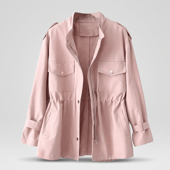 Pink overcoat with button front, stand collar, and flap chest pockets
