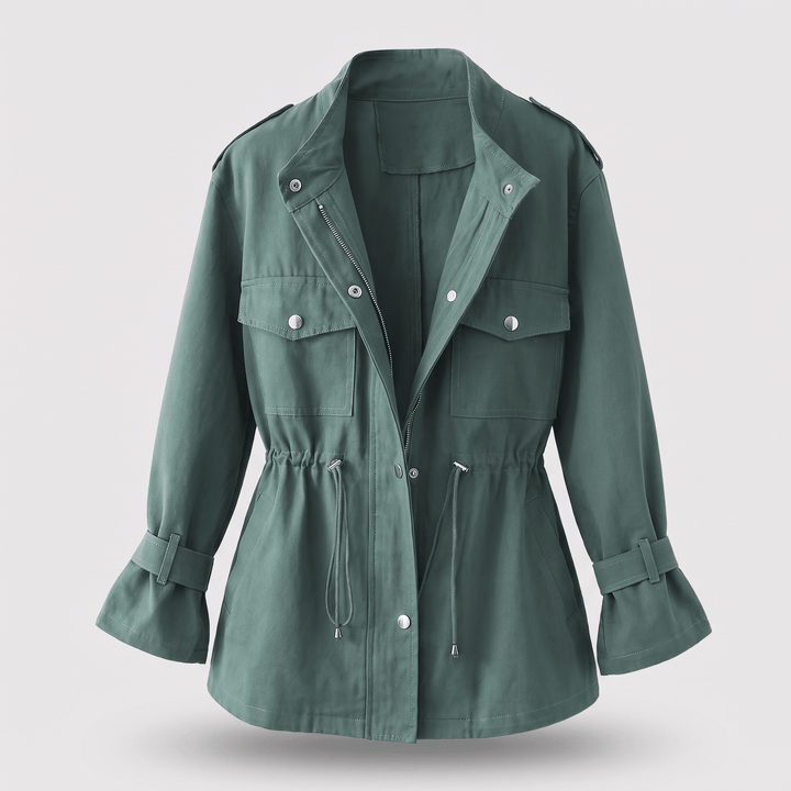 Green overcoat with stand collar, button front, and flap utility pockets