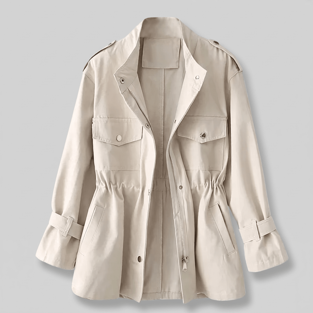 Cream utility-style overcoat, open front with stand collar and flap pockets