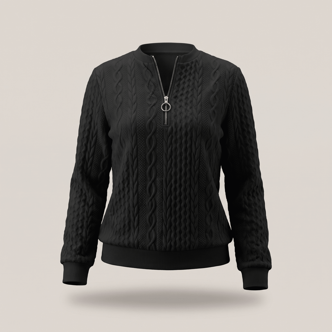 Black cable-knit half-zip sweater with ribbed collar and hem