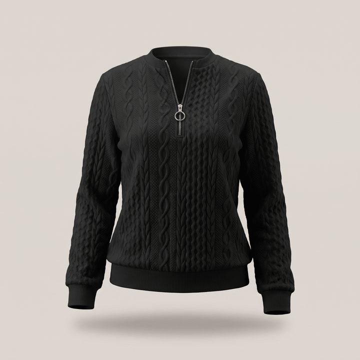 Black cable-knit half-zip sweater with ribbed collar and hem