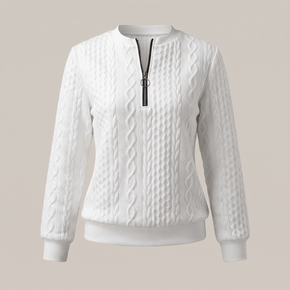 White cable-knit sweater with half-zip front, ribbed collar and cuffs