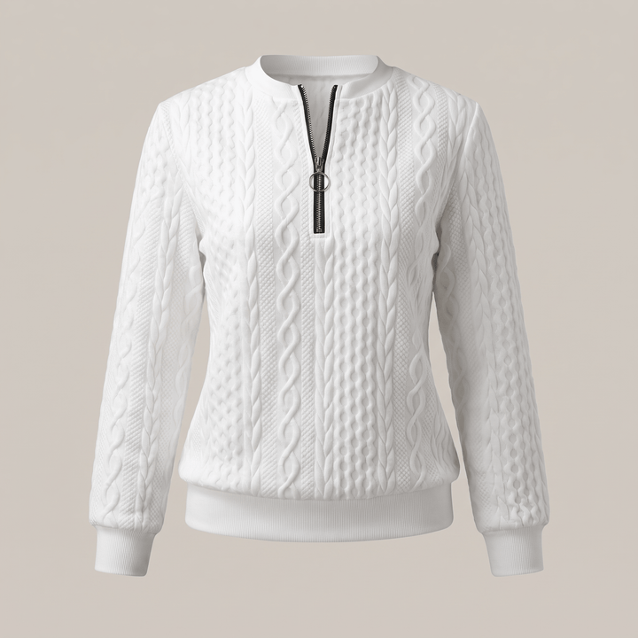 White cable-knit sweater with half-zip front, ribbed collar and cuffs
