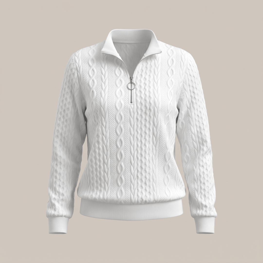 White cable-knit half-zip sweater with collared neckline and ribbed cuffs