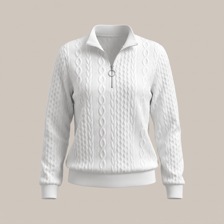 White cable-knit half-zip sweater with collared neckline and ribbed cuffs