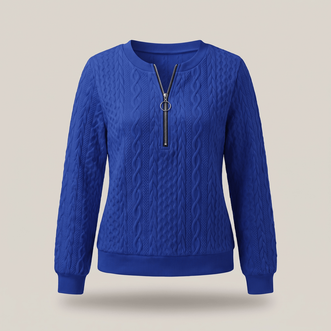 Blue cable-knit half-zip sweater with ribbed collar and cuffs