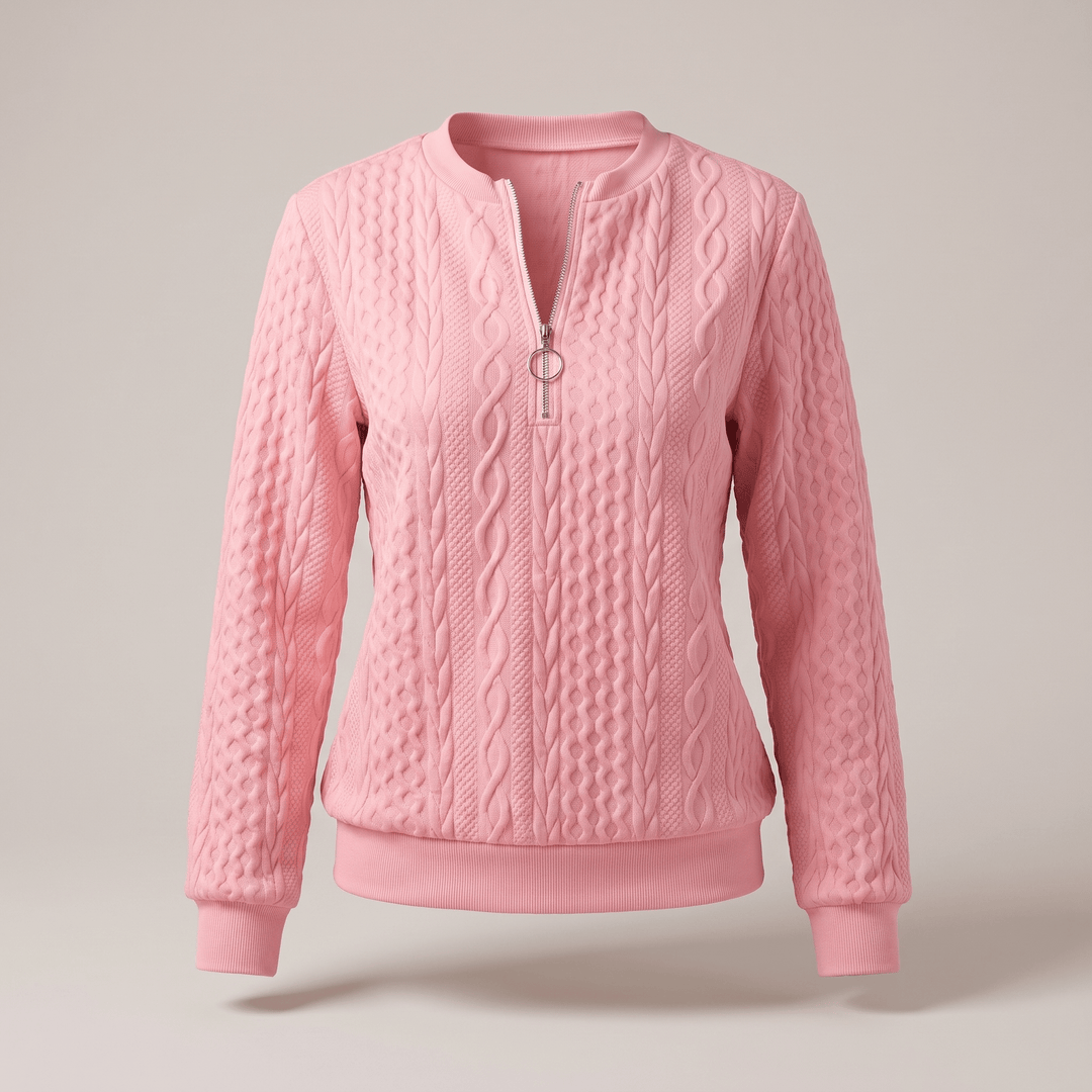 Pink cable-knit half-zip sweater with ribbed cuffs and hem