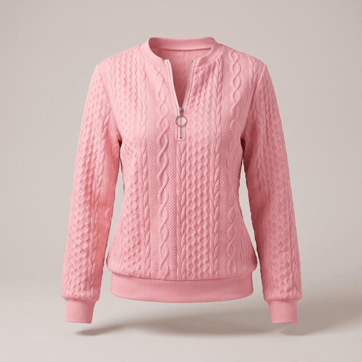Pink cable-knit half-zip sweater with ribbed cuffs and hem