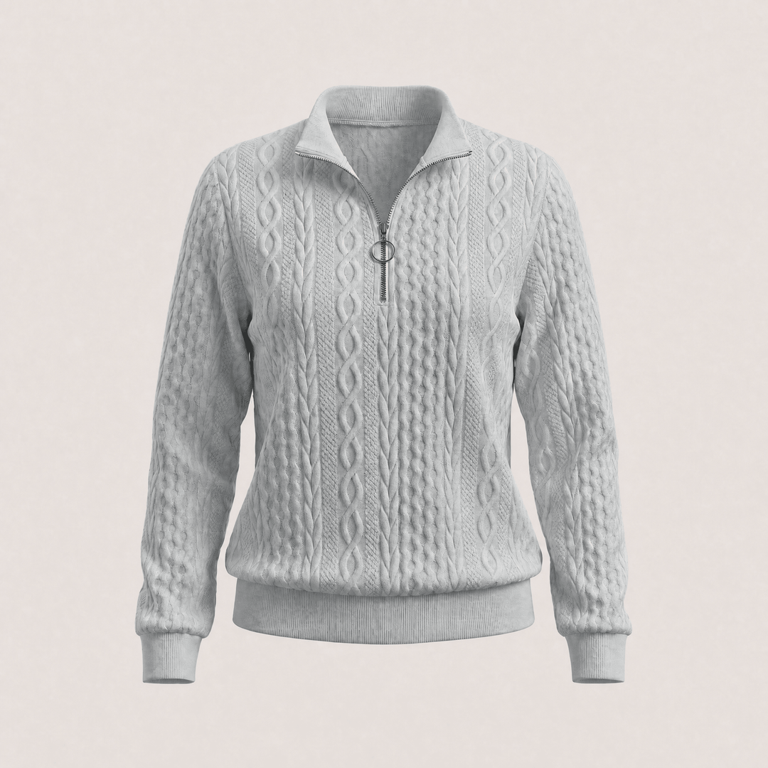 Grey cable-knit half-zip sweater with collared neckline and ribbed cuffs
