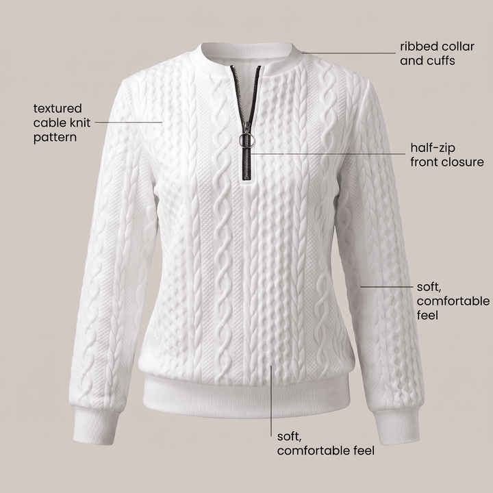 White cable-knit half-zip sweater with ribbed collar, cuffs, and hem