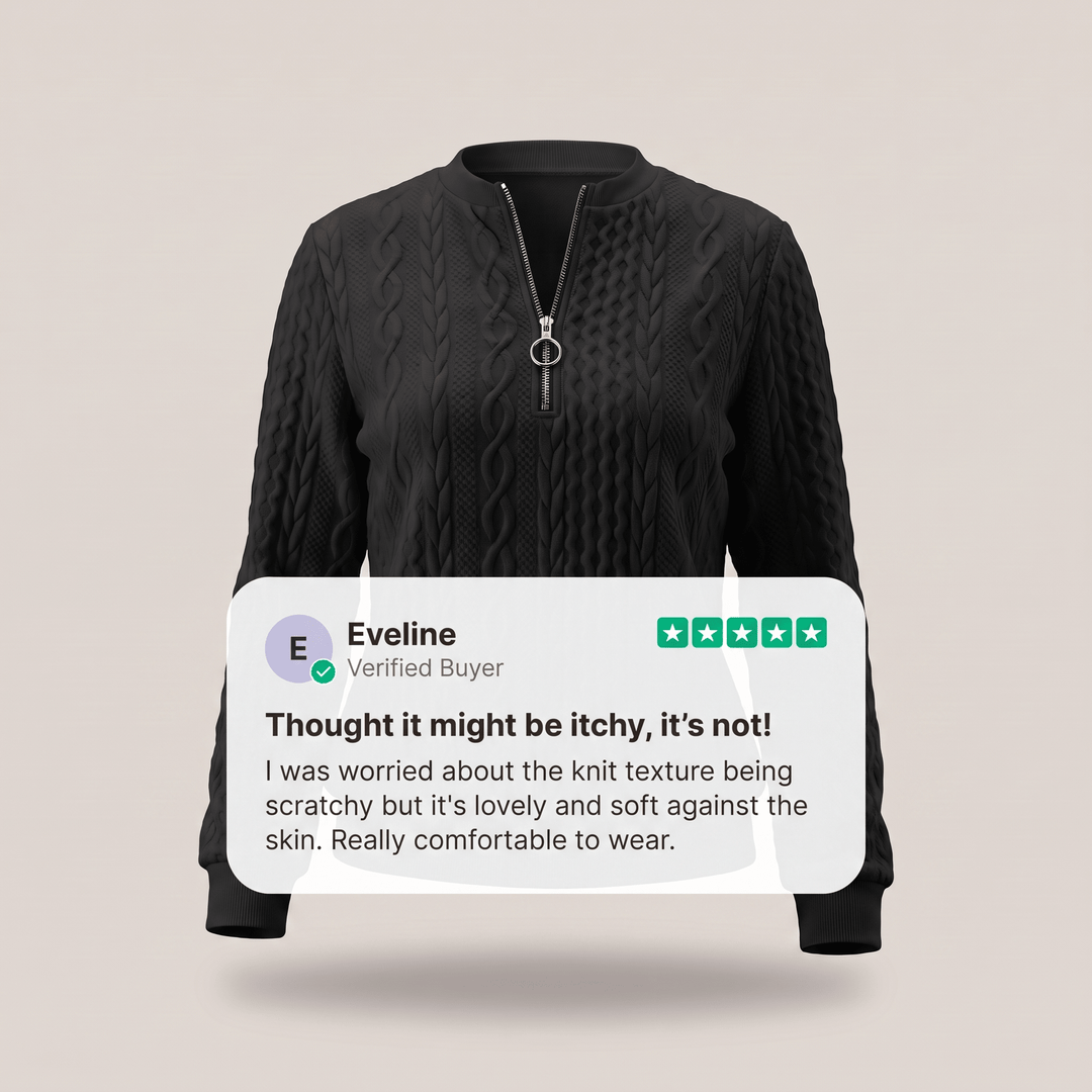 Black cable-knit zip-up sweater with stand collar and metal zipper pull