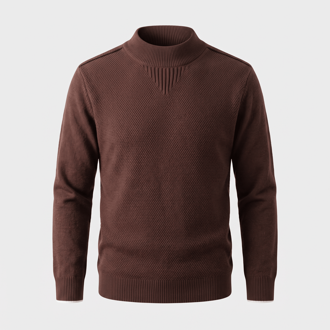 Burgundy jacquard knit sweater, ribbed mock neck and long sleeves